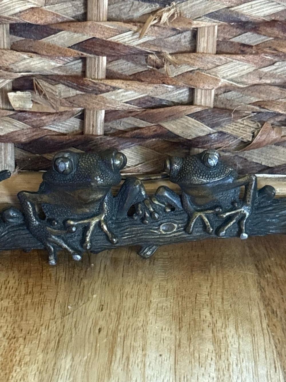 JJ Jonette Bronze Frog brooch Frogs on a log campfire whimsical jewelry